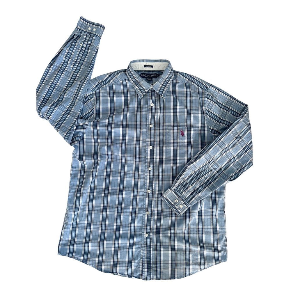 US Polo Assn Mens Large Tall Blue Plaid Long Sleeve Stretch Button Down Shirt LT